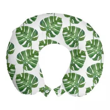 ABAKUHAUS Jungle Leaves Дорожная подушка для шеи, большие листья монстеры, пенопластовый дорожный предмет для самолета и автомобиля, 30x30 см, павлино-зеленый