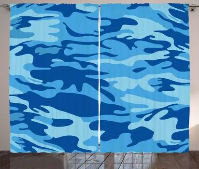 ABAKUHAUS Камуфляжная занавеска в деревенском стиле, водная абстракция, ленточная штора с рюшами и петлями для спальни, 280 x 260 см, Голубой, Темно-синий, светло-синий