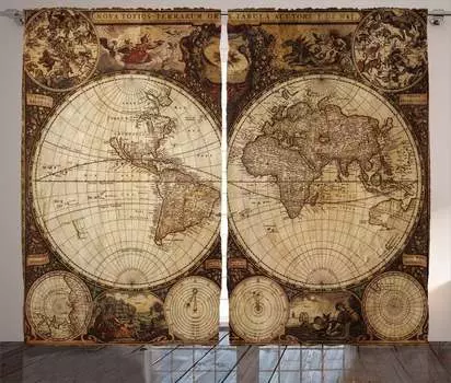 ABAKUHAUS Карта мира Деревенская штора, Исторический старый атлас, Универсальные ленточные шторы для гостиной с петлями и крючками, 280 x 225 см, Коричневый верблюд