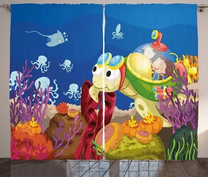 ABAKUHAUS Kids Занавеска в деревенском стиле, Дети-черепахи с героями мультфильмов, Универсальные ленточные шторы для гостиной с петлями и крючками, 280 x 260 см, Разноцветные
