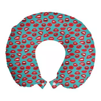 ABAKUHAUS Kiss Travel Pillow Neck Support, женская красная помада в стиле ретро, пенопластовые дорожные принадлежности для самолета и автомобиля, 30x30 см, бирюзово-красный белый
