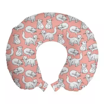 ABAKUHAUS Kitten Travel Pillow Подушка для шеи, повторяющиеся силуэты кошек, пенопластовые дорожные принадлежности для самолета и автомобиля, 30x30 см, Светло-Розовый Бледно-Серый