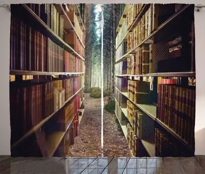 ABAKUHAUS Книжная полка Деревенская штора, Абстрактная библиотека в лесу, Универсальные ленточные шторы для гостиной с петлями и крючками, 280 x 225 см, Разноцветные