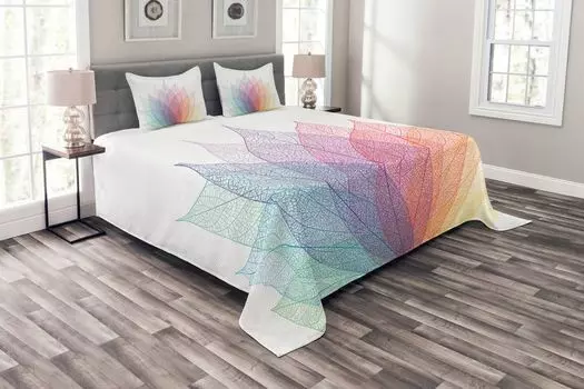 ABAKUHAUS Комплект абстрактного покрывала, Delicate Leaves Art, комплект с моющимися наволочками, для односпальных кроватей 220 x 220 см, Желтый Красный Зеленый