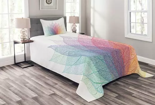 ABAKUHAUS Комплект абстрактного покрывала, Delicate Leaves Art, комплект с моющимися наволочками, для односпальных кроватей 170 x 220 см, Желтый Красный Зеленый