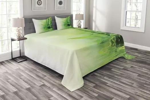 ABAKUHAUS Комплект азиатского покрывала, Spa Bamboo Trees, комплект с моющимися наволочками, для односпальных кроватей 264 x 220 см, бледно-зеленый
