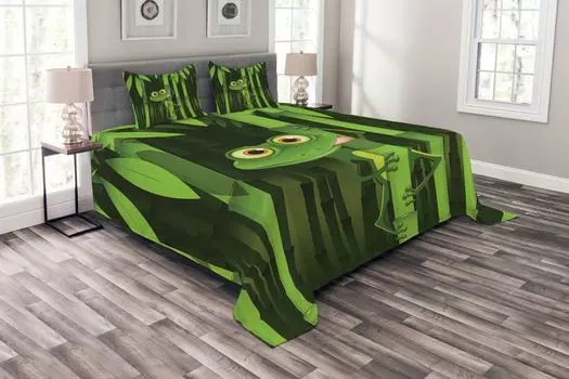 ABAKUHAUS Комплект бамбукового покрывала, Jungle Trees Fun Frog, комплект с моющимися наволочками, для односпальных кроватей 264 x 220 см, зеленый