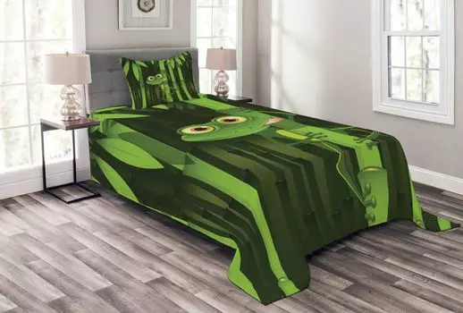 ABAKUHAUS Комплект бамбукового покрывала, Jungle Trees Fun Frog, комплект с моющимися наволочками, для односпальных кроватей 170 x 220 см, зеленый