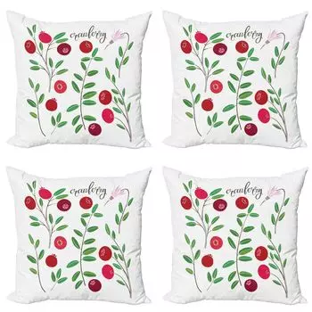 ABAKUHAUS Комплект чехлов для подушек Cranberry (4 шт.), цветут луговые ветки, современная двусторонняя цифровая печать, 60 см x 60 см, нефритовый рубиново-бордовый