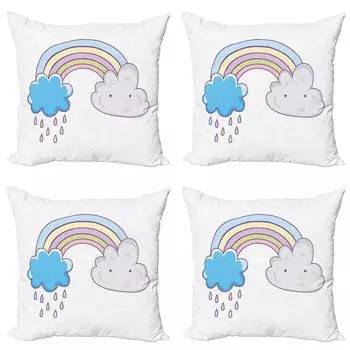 ABAKUHAUS Комплект чехлов для подушек Rainbow (4 предмета), мультфильм «Дождевые облака», современная двусторонняя цифровая печать, 45 см x 45 см, многоцветный белый
