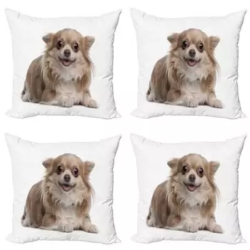 ABAKUHAUS Комплект чехлов на подушки для чихуахуа (4 предмета), Funny Puppies, современный двусторонний цифровой принт, 45 см x 45 см, темно-коричневый