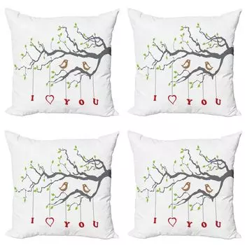 ABAKUHAUS Комплект чехлов на подушку I love you (4 предмета), романтическое птичье дерево, современная двусторонняя цифровая печать, 60 см x 60 см, серый, красный, папоротниково-зеленый