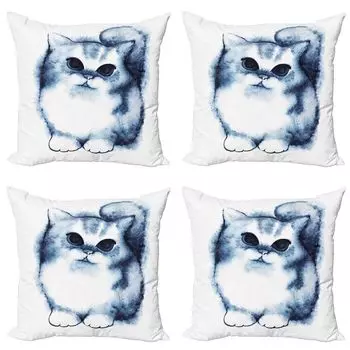 ABAKUHAUS Комплект чехлов на подушку темно-синего цвета (4 шт.), детский дизайн Cat Kitty, современная двусторонняя цифровая печать, 45 см x 45 см, серо-белый