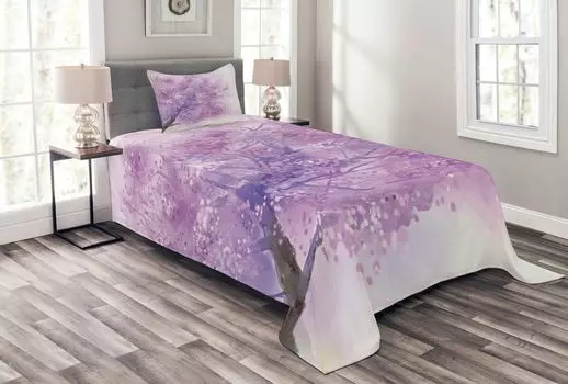 ABAKUHAUS Комплект фиолетового покрывала, Sakura Tree Spring, комплект с моющимися наволочками, для односпальных кроватей 170 x 220 см, фиолетовый