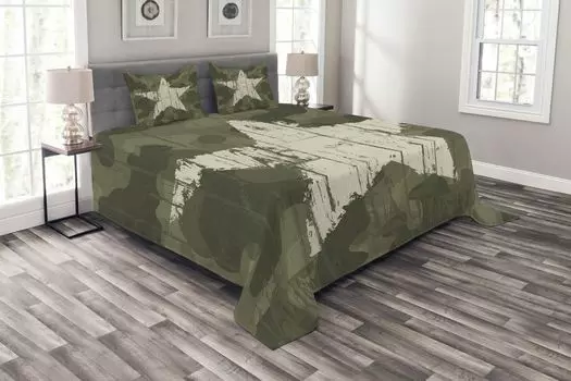 ABAKUHAUS Комплект камуфляжного покрывала, звезда гранж на зеленом, комплект со моющимися наволочками, для односпальных кроватей 264 х 220 см, темно-зеленый песочный