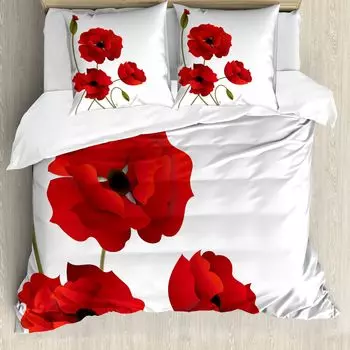 ABAKUHAUS Комплект пододеяльников Flowers для двуспальных кроватей, лепестки маков, защита от клещей, подходит для аллергиков с наволочками, белый, оливково-зеленый, ярко-красный