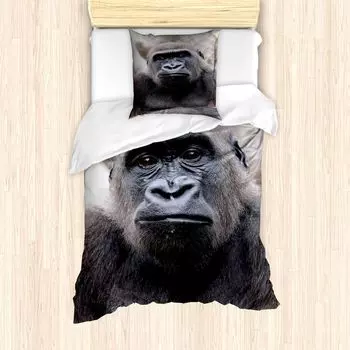 ABAKUHAUS Комплект пододеяльников Gorilla для односпальных кроватей, молодой самец гориллы крупным планом, защита от клещей, подходит для аллергиков, с наволочкой, 135 см x 200 см - 80 x 80 см, темно-серая умбра