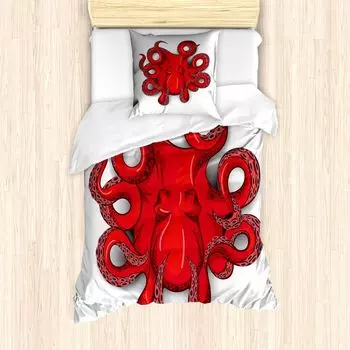 ABAKUHAUS Комплект пододеяльников Octopus для односпальных кроватей, осьминог, животное морской, защита от клещей, подходит для аллергиков, с наволочкой, красный