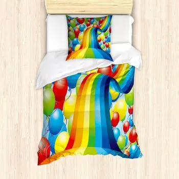 ABAKUHAUS Комплект пододеяльников Rainbow для односпальных кроватей, воздушные шары, ленты волнистые, защита от клещей, подходит для аллергиков, с наволочкой, разноцветный