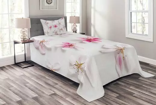 ABAKUHAUS Комплект покрывала Almond Blossom, Sakura Petals Love, комплект с моющимися наволочками, для односпальных кроватей 170 x 220 см, Pink Baby Pink White