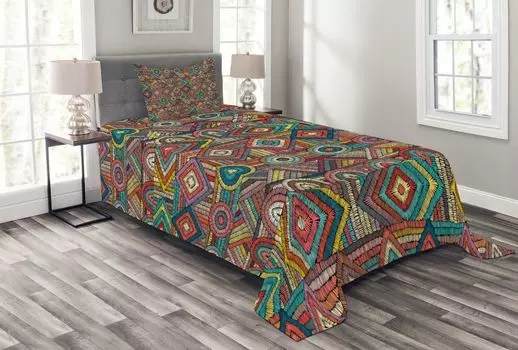 ABAKUHAUS Комплект покрывала Aztec, индийский народный узор, комплект с наволочками, моющийся, для односпальных кроватей 170 х 220 см, разноцветный