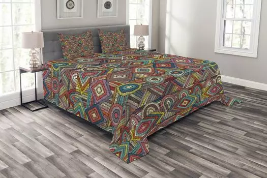 ABAKUHAUS Комплект покрывала Aztec, индийский народный узор, комплект с наволочками, моющийся, для односпальных кроватей 220 х 220 см, разноцветный