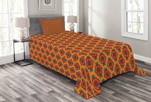 ABAKUHAUS Комплект покрывала Burnt Orange, цветущие листья, комплект с наволочками, моющийся, для односпальных кроватей 170 х 220 см, разноцветный