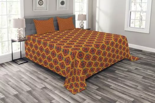 ABAKUHAUS Комплект покрывала Burnt Orange, цветущие листья, комплект с наволочками, моющийся, для односпальных кроватей 220 х 220 см, разноцветный