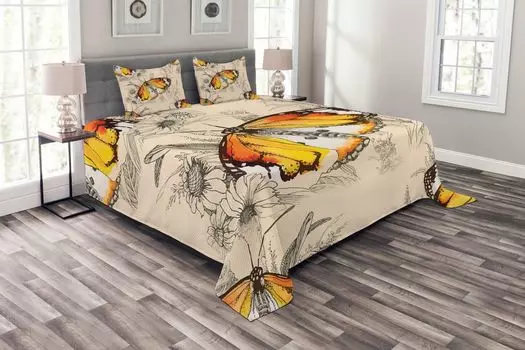 ABAKUHAUS Комплект покрывала Butterfly, Meditative Journey, комплект с моющимися наволочками, для односпальных кроватей 264 x 220 см, черный оранжевый кремовый