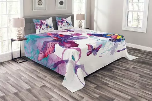 ABAKUHAUS Комплект покрывала Butterfly, Watercolor Art Modern, комплект с моющимися наволочками, для односпальных кроватей 264 x 220 см, разноцветный