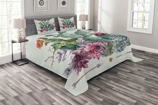 ABAKUHAUS Комплект покрывала Cactus, Thorny Boho Flowers, комплект с моющимися наволочками, для односпальных кроватей 264 x 220 см, разноцветный