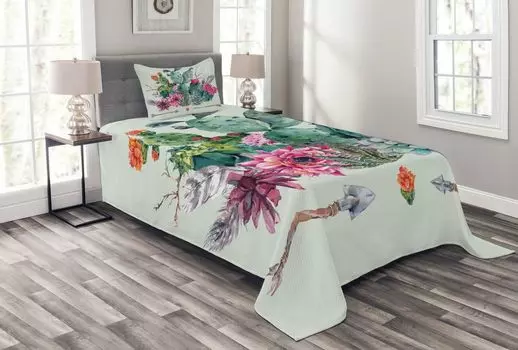 ABAKUHAUS Комплект покрывала Cactus, Thorny Boho Flowers, комплект с моющимися наволочками, для односпальных кроватей 170 x 220 см, разноцветный