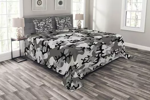 ABAKUHAUS Комплект покрывала Camouflage, концепция камуфляжа, комплект со моющимися наволочками, для односпальных кроватей 220 x 220 см, серый черный серый