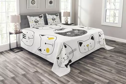 ABAKUHAUS Комплект покрывала Cat, «Кошки с рыбками», комплект с моющимися наволочками, для односпальных кроватей 220 x 220 см, желто-серый