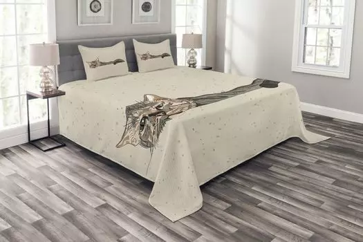 ABAKUHAUS Комплект покрывала Cat, Lazt Sleepy Cat, комплект с моющимися наволочками, для односпальных кроватей 220 x 220 см, бежево-серый