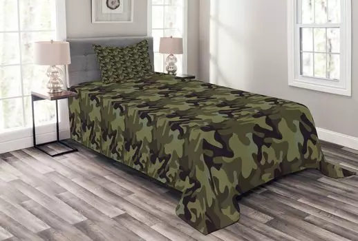 ABAKUHAUS Комплект покрывала цвета хаки, камуфляжный мотив, камуфляжные пятна, комплект с моющимися наволочками, для односпальных кроватей 170 x 220 см, армейский зеленый, шиферно-коричневый