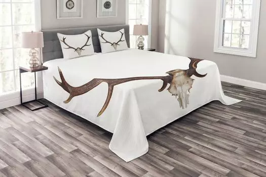 ABAKUHAUS Комплект покрывала Deer, Antlers Skeleton Hunter, комплект с моющимися наволочками, для односпальных кроватей 220 x 220 см, коричневый и бежевый