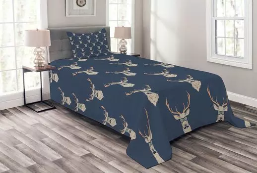 ABAKUHAUS Комплект покрывала Deer, Животные-хипстеры в стиле ретро, комплект с моющимися наволочками, для односпальных кроватей 170 x 220 см, сине-серо-коричневый