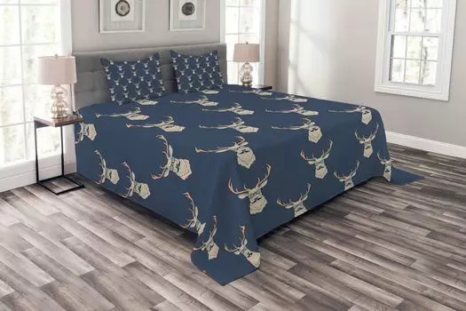 ABAKUHAUS Комплект покрывала Deer, Животные-хипстеры в стиле ретро, комплект с моющимися наволочками, для односпальных кроватей 264 x 220 см, сине-серо-коричневый