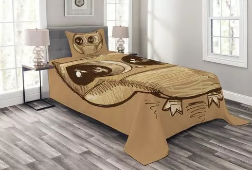 ABAKUHAUS Комплект покрывала Doodle, «Большие глаза совы», комплект с моющимися наволочками, для односпальных кроватей 170 x 220 см, Светло-коричневый