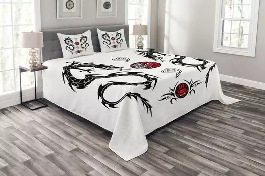 ABAKUHAUS Комплект покрывала Dragon, Tattoo Asian, комплект с моющимися наволочками, для односпальных кроватей 264 x 220 см, черный, белый, красный