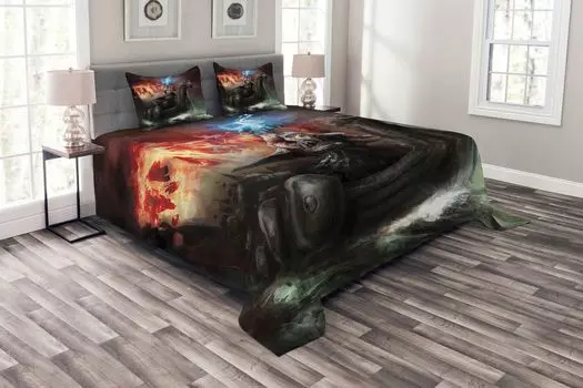 ABAKUHAUS Комплект покрывала Dragon, Viking Boat Stormy Sea, комплект с моющимися наволочками, для односпальных кроватей 264 x 220 см, разноцветный