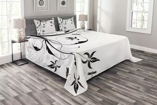 ABAKUHAUS Комплект покрывала Dragonfly, дамасские вьющиеся листья, комплект с моющимися наволочками, для односпальных кроватей 264 x 220 см, бледно-серый черный белый