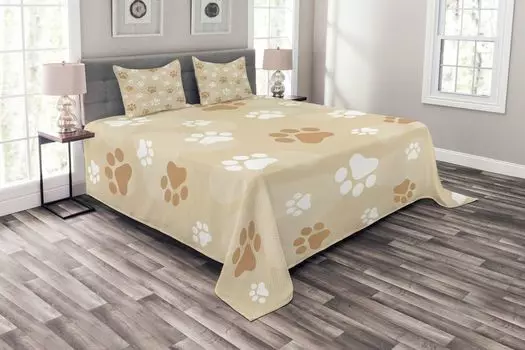 ABAKUHAUS Комплект покрывала Earth Color, Baby Dog Paws, комплект с моющимися наволочками, для односпальных кроватей 264 x 220 см, бежевый бледно-карамельно-белый