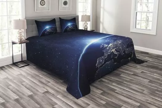 ABAKUHAUS Комплект покрывала Earth, планета из космоса, комплект с наволочками, моющийся, для односпальных кроватей 264 х 220 см, темно-синий