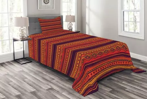 ABAKUHAUS Комплект покрывала Ethno Boho, абстрактный этнический рисунок, комплект с моющимися наволочками, для односпальных кроватей 170 x 220 см, оранжево-красный сливовый