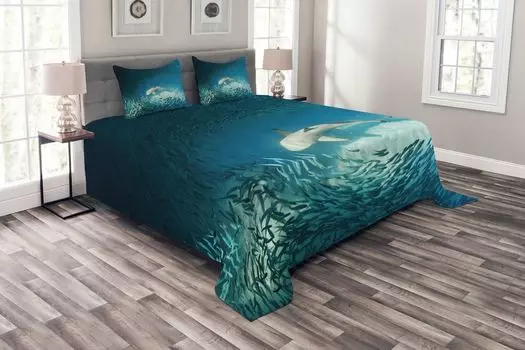 ABAKUHAUS Комплект покрывала Fish, Animals Teal Wildlife, комплект с моющимися наволочками, для односпальных кроватей 220 x 220 см, темно-бирюзовый
