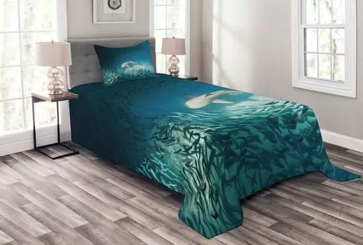 ABAKUHAUS Комплект покрывала Fish, Animals Teal Wildlife, комплект с моющимися наволочками, для односпальных кроватей 170 x 220 см, темно-бирюзовый