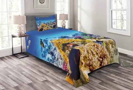 ABAKUHAUS Комплект покрывала Fish, Ocean Coral Goldfish, комплект с моющимися наволочками, для односпальных кроватей 170 x 220 см, бирюзовый