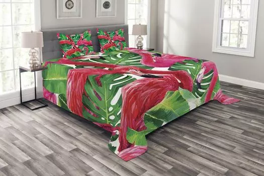 ABAKUHAUS Комплект покрывала Flamingo, экзотические листья в стиле ретро, комплект с моющимися наволочками, для односпальных кроватей 220 x 220 см, зеленый розовый